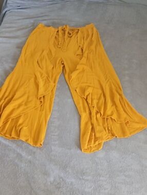 Forever 21 Mustard Yellow Wide-Leg Ruffle Pants - Women's